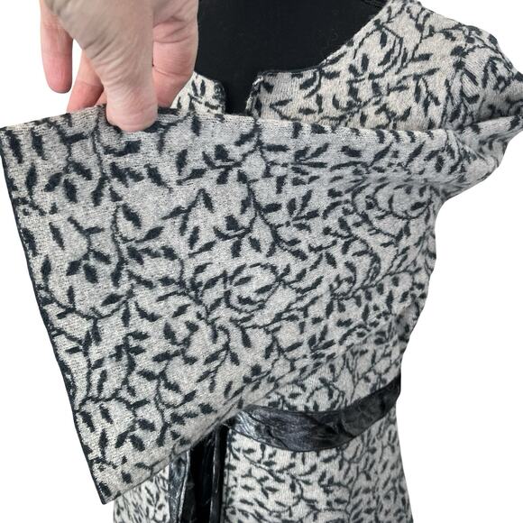 Heather B Gray Black Leaf Print Belted Cardigan Jacket Boho Artsy Flare Sleeve S - Picture 6 of 13